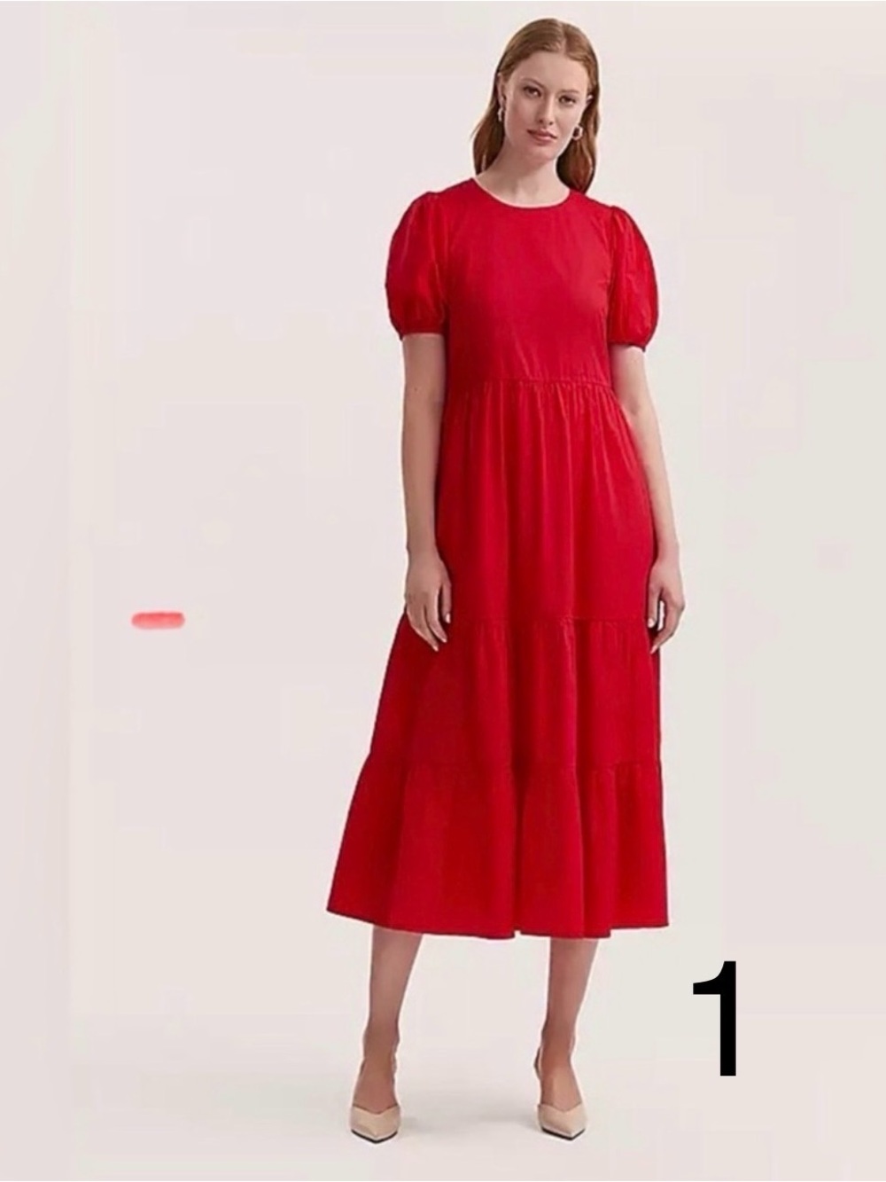 J. Crew Vibrant Red Midi Dress with Puff Sleeves